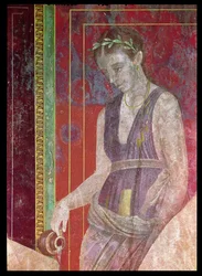 Bediende giet vloeistof uit een kruik, Noordmuur, Oecus 5, 60-50 v.Chr. (detail)